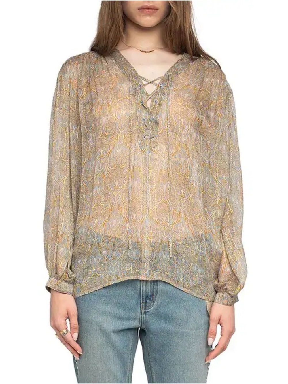 Zadig & Voltaire Tamela Paisley Metallic Lace-Up Blouse XXS NWT